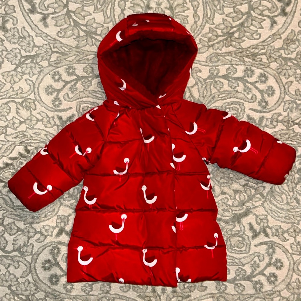 JACADI Paris duck print faux fur lined red toddler puffer jacket coat SIZE 24M